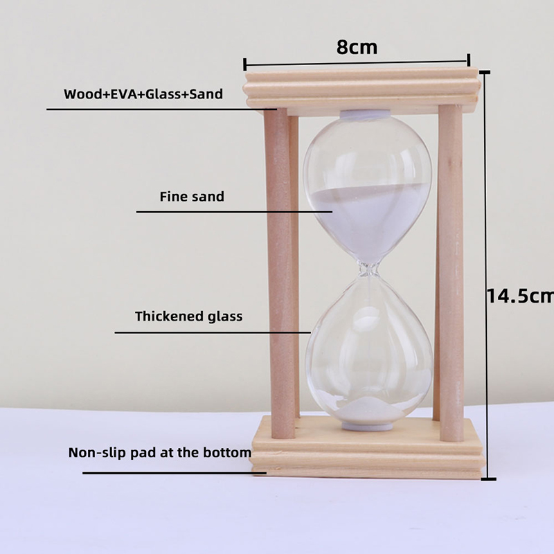 Hjemtime glas sand timer på stand, ca. 30 minutter, træfarve